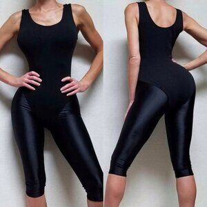 Vintage 1980s Black Aerobics Cropped Tights Leggings High Rise Bodysuit Set Med